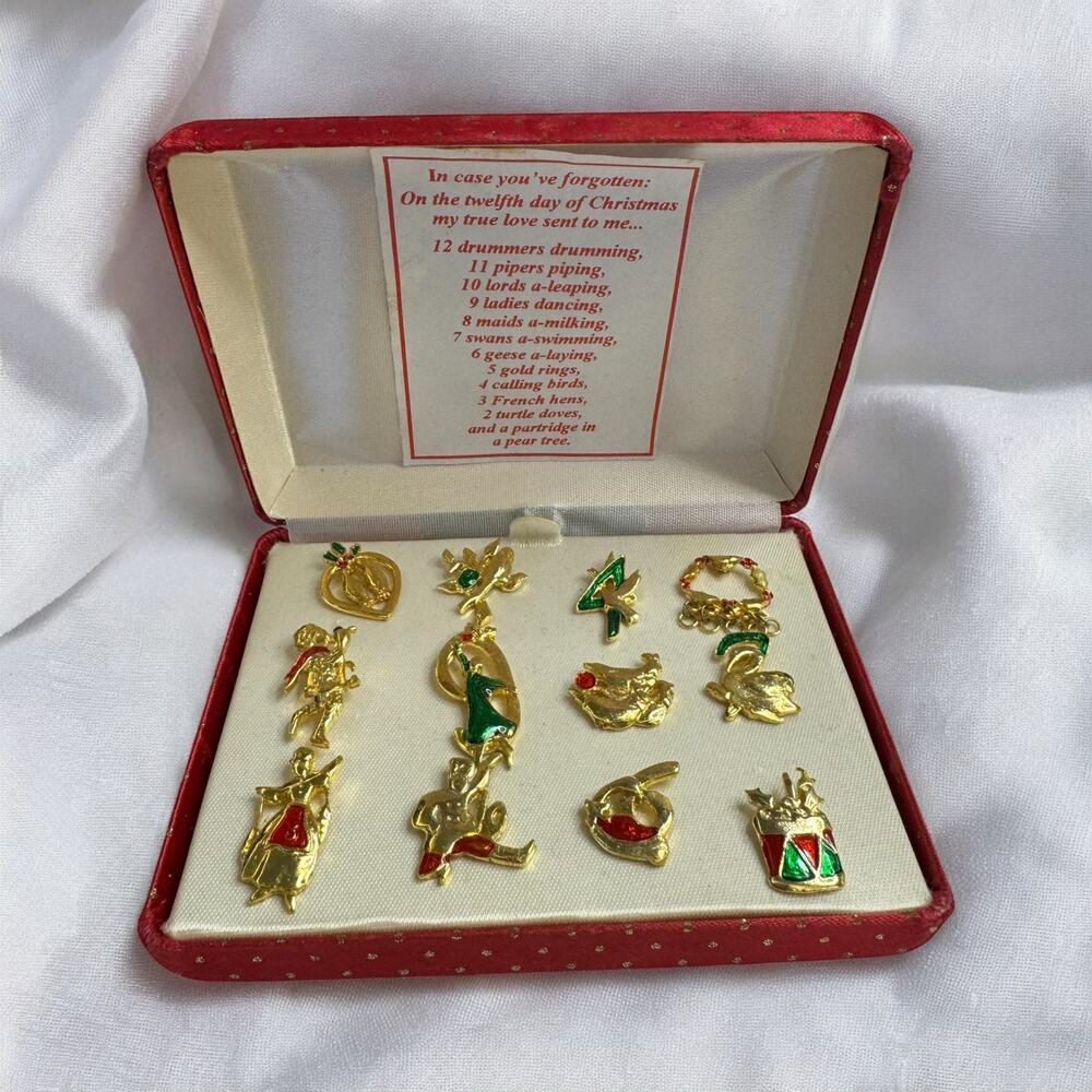 Vintage Christmas Pins, 12 Days of Christmas Hat/Lapel Pins, New in Box